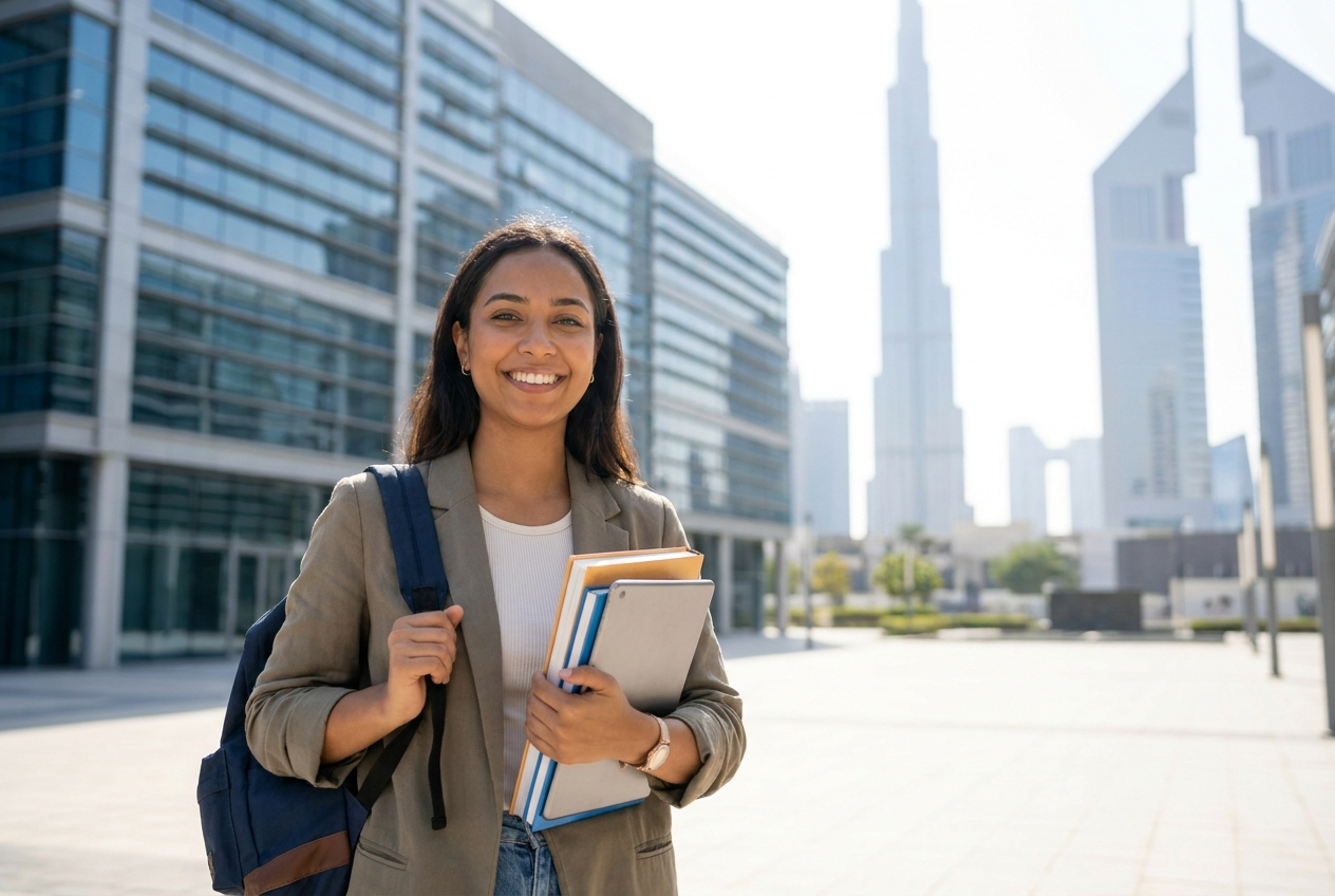 Confident student in Dubai with Burj Khalifa in background